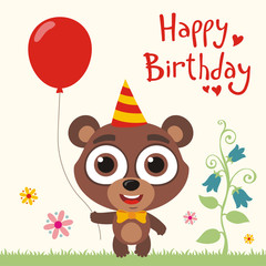 Happy birthday to you! Funny teddy bear with red balloon. Birthday card with teddy bear in cartoon style.