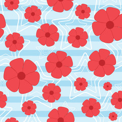 Seamless floral pattern. Flowers and outlines of stars on a striped background.