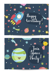 Happy birthday cartoon greeting card on space theme. Spaceship flying in cosmos among stars and planets, smiling Uranus planet, alieb girl vectors. Bright invitation on childrens costumed party