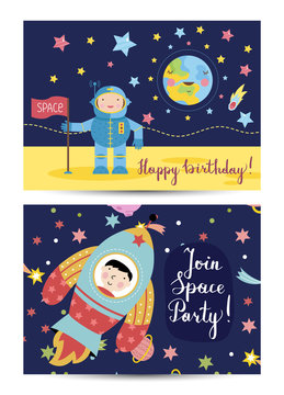 Happy birthday cartoon spaces greeting card. Cute laughing star, comets and planets vector illustration. Bright invitation on childrens costumed space party