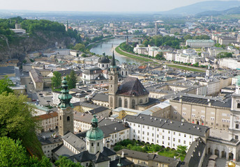 Fototapeta na wymiar Breathtaking view of Salzburg Cityscape with Salzach River as seen from Hohensalzburg Castle, Austria