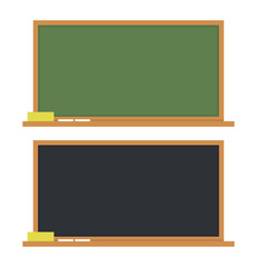 Black and green classic school board or chalkboard set isolated on white background with sponge and chalk on it. Flat design