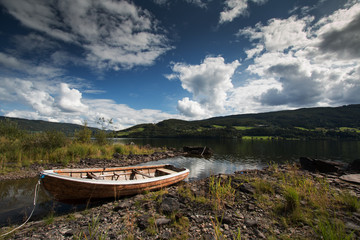 Small fishing boat in Norwegian fjord