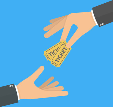 Hand Giving Or Handing Over Tickets To Another Hand. Flat Design