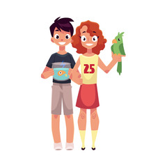 Two teenage kids, girl holding green parrot, boy with aquarium, fish bowl, cartoon vector illustration isolated on white background. Boy and girl with pets - goldfish, golden fish and green parrot