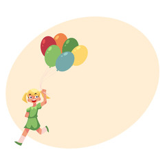 Pretty teenage girl running with a bunch of colorful balloons, cartoon vector illustration with place for text. Blond girl running with balloons, summer outdoor activity