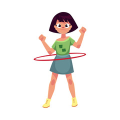 Teenage Caucasian girl spinning, playing with hula hoop, cartoon vector illustration isolated on white background. Girl with hula hoop, having fun at the playground