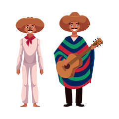 two Mexican man in traditional national sombrero and poncho playing guitar, cartoon vector illustration isolated on white background. two Full length portrait of Mexican man in national clothes