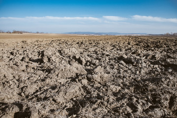 Plow land, blue sky over cultivated field
