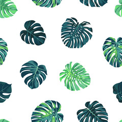 Seamless vector tropical pattern with green monstera palm leaves on dark background. Exotic hawaiian fabric design.