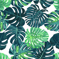 Wektor wzór z zielonych liści palmowych monstera na ciemnym tle. Letni wzór tkaniny tropikalnej.