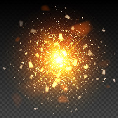 Obraz premium Złote cząsteczki brokatu fajerwerków na tle. Gwiezdny pył wywołuje eksplozję na czarnym tle. ilustracji wektorowych 3D, realistyczny wektor, EPS 10