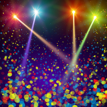 Special light effects. Realistic vector bright projectors for scene lighting isolated on plaid backdrop. Colorful stage lights background. Background show carnival. Studio backdrop with confetti