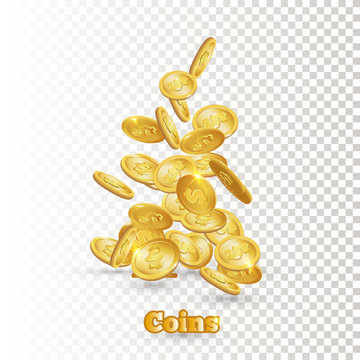 Gold Coins Falling Down. Coin Icon With Shadows. Isolated On White. 3d Realistic Vector, Eps 10