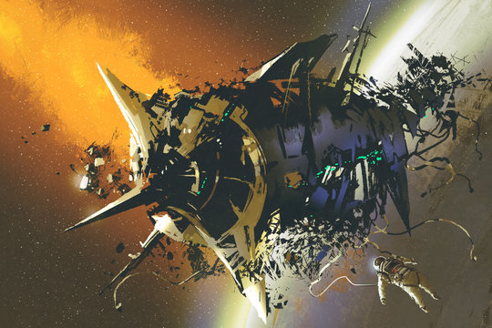 the damaged spaceship and dead astronaut floating in outer space,illustration painting