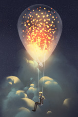 Naklejka premium man and big balloon with glowing stars inside floating in the sky at night,illustraion painting