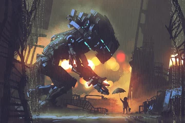 Tuinposter kid giving umbrella to giant robot in the rainy night,illustration painting © grandfailure