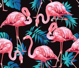Fotobehang Flamingo Flamingo vogel en tropische bloemen achtergrond - naadloze patroon vector