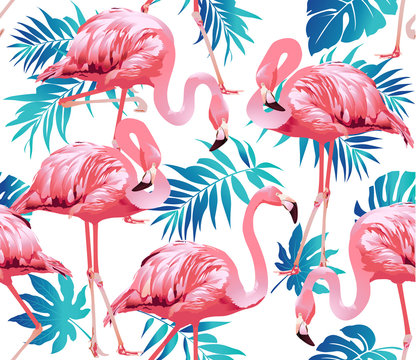 Flamingo Bird and Tropical Flowers Background - Seamless pattern vector © Angelina Bambina