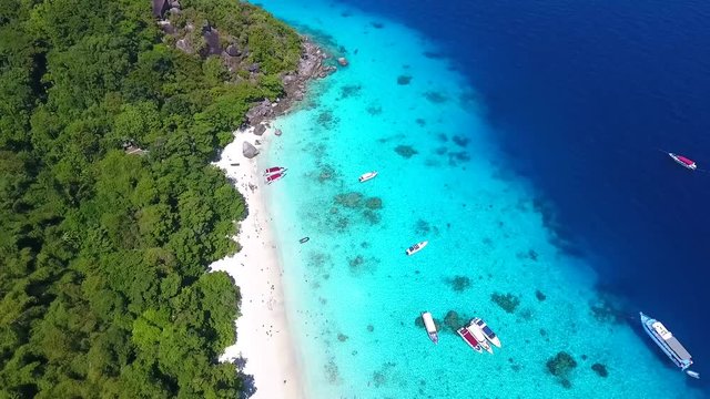 Thai Paradise Amazing White Sandy Beach with Cristal Clear Blue Sea Water. Aerial HD. Phang Nga Province, Thailand.