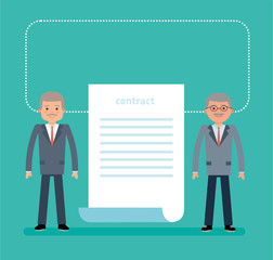 Concept flat vector business illustration. Agreement. The contract. Businessmen have signed a contract for the supply of equipment