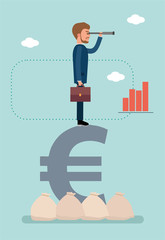 Concept flat vector business illustration. Stock exchange. Stock broker. Businessman standing on Euro sign and looking through a telescope.