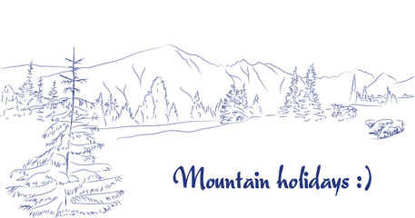 Vector illustration of Mountain meadow graphic art pen landscape