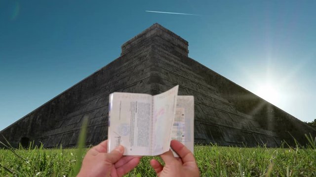 travel concept,leafing passport pages as destination changes in the background famous monuments