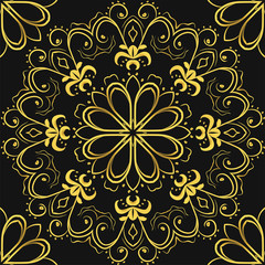 Seamless pattern with golden mandalas on black background. Vector background.