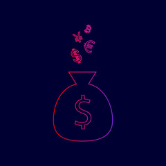 Money bag sign with currency symbols. Vector. Line icon with gradient from red to violet colors on dark blue background.