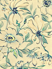 Floral watercolor background.Rose hips and honeysuckle digital illustration on canvas texture