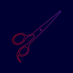 Hair cutting scissors sign. Vector. Line icon with gradient from red to violet colors on dark blue background.