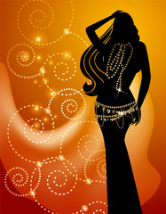 Fototapeta premium Belly dance silhouette on ornate background. Oriental dance, yoga, india, arabic, middle east and turkey