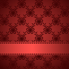 Naklejka na ściany i meble Red lacy background with silky ribbon.
