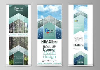 Roll up banner stands, flat design templates, vertical vector flyers, flag layouts. Colorful background, triangular or hexagonal texture for travel business, natural landscape in polygonal style.