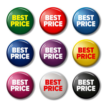 Set of colored round buttons with word 'Best price'. Circle labels for products in online shops. Discount tags looks like pin magnets. Design elements on white background with transparent shadow.