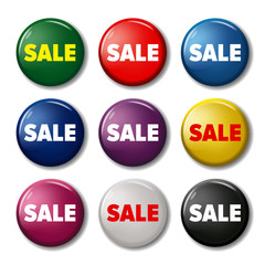Set of colored round buttons with word 'Sale'. Circle labels for products in online shops. Discount tags looks like pin magnets. Design elements on white background with transparent shadow.
