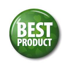 Bright green round button with word 'Best Product' and leaves. Circle label for bestseller in online shops. Design elements on white background with transparent shadow.