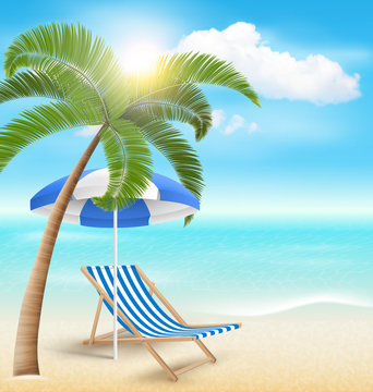 Beach with Palm Clouds Sun Beach Umbrella and Beach Chair. Summe