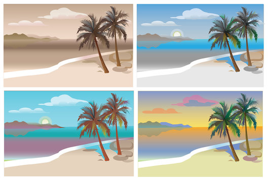 Flat vector set tropical island with sea and palm trees. A set of monochrome and colored species with palm trees and sea