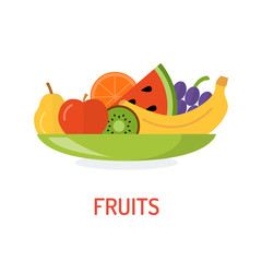 Fresh fruit on a plate isolated on white background. Vegetarian concept. Vector illustration in flat design.