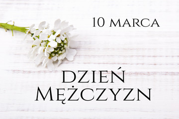 Men's day card with Polish words DZIEŃ MĘŻCZYZN and  coffee beans cup on white wooden background