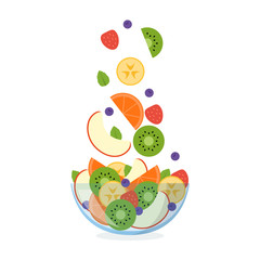 Fruit salad in a glass bowl with ingredients flying in the air. Isolated on white background. Healthy eating concept. Vector illustration in flat design.