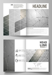 Business templates for bi fold brochure, magazine, flyer. Cover design template, vector layout in A4 size. Chemistry pattern, molecule structure on gray background. Science and technology concept.