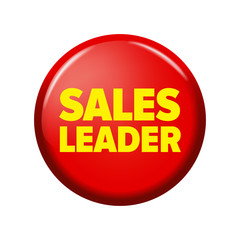 Bright red round button with word 'Sales leader'. Circle label for bestseller in online shops. Design elements on white background.