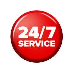 Bright red round button with words '24/7 service'. Work time circle label for posters and banners. All-time maintenance tag. Design element on white background.