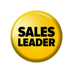 Bright yellow round button with word 'Sales leader'. Circle label for bestseller in online shops. Design elements on white background.