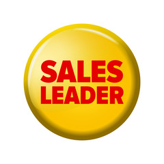 Bright yellow round button with word 'Sales leader'. Circle label for bestseller in online shops. Design elements on white background.