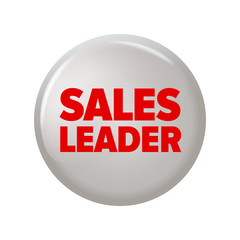 Round button with word 'Sales leader'. Circle label for bestseller in online shops. Design elements on white background.