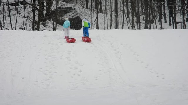 Kids drag the bobsled